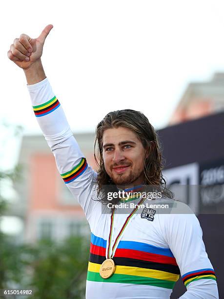 Peter Sagan of Slovakia celebrates victory on the podium after the Elite Men's Road Race on day eight of the UCI Road World Championships on October...