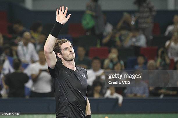 Andy Murray of Great Britain waves during the Men's singles final match against Roberto Bautista Agut of Spain on day 8 of Shanghai Rolex Masters at...