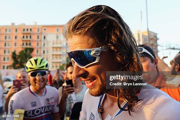 Peter Sagan of Slovakia looks on after wining the Elite Men's Road Race on day eight of the UCI Road World Championships on October 16, 2016 in Doha,...