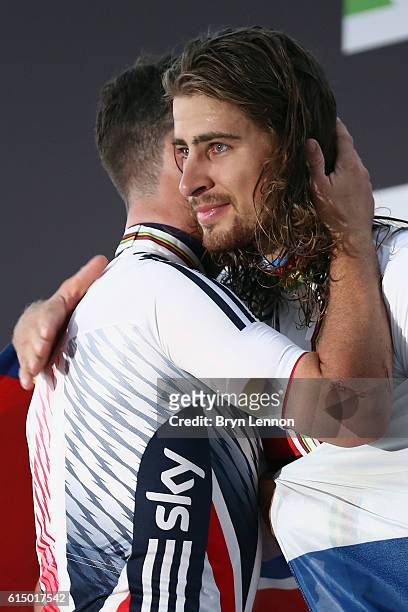 Mark Cavendish of Great Britain embraces Peter Sagan of Slovakia after the Elite Men's Road Race on day eight of the UCI Road World Championships on...