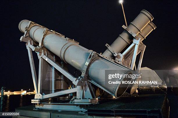 Harpoon missile launchers are seen on the US Navy USS Coronado which docked at Changi Naval Base in Singapore on October 16, 2016. The US Navy's USS...