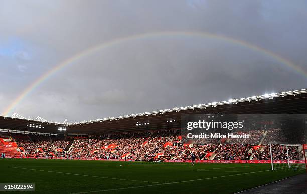 Rainbow is seen over the stadium during the Premier League match between Southampton and Burnley at St Mary's Stadium on October 16, 2016 in...