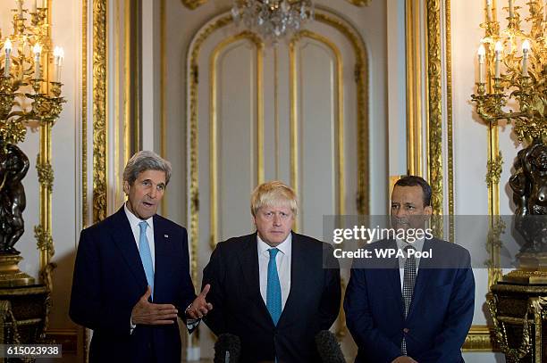 Secretary of State John Kerry, British Foreign Secretary Boris Johnson and UN Special Envoy for Yemen Ismail Ould Cheikh Ahmed make a joint statement...