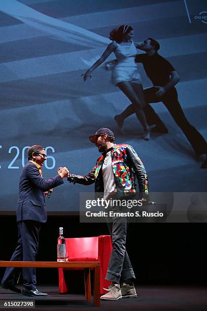 Antonio Monda and Lorenzo Jovanotti Cherubini meet the audience during the 11th Rome Film Festival at Auditorium Parco Della Musica on October 16,...