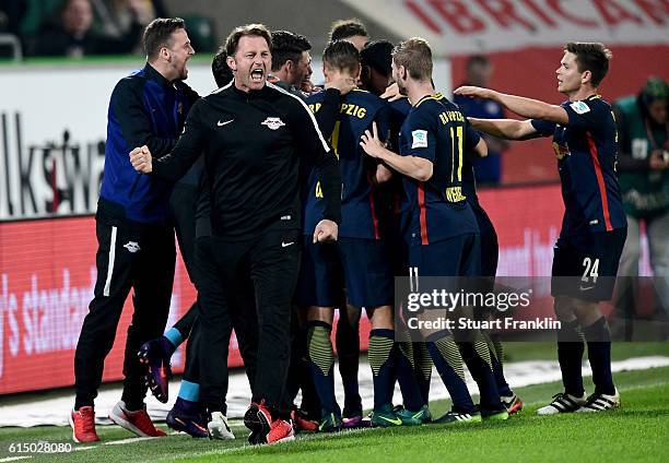 Ralph Hasenhuettl, head coach of Leipzig celebrates during the Bundesliga match between VfL Wolfsburg and RB Leipzig at Volkswagen Arena on October...