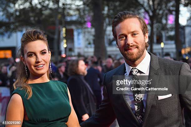 Elizabeth Chambers and Armie Hammer attend the 'Free Fire' Closing Night Gala screening during the 60th BFI London Film Festival at Odeon Leicester...
