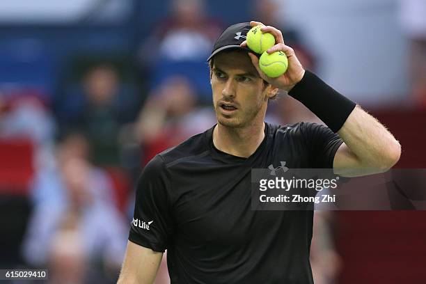 Andy Murray of Great Britain reacts against Roberto Bautista Agut of Spain during the Men's singles final match on day 8 of Shanghai Rolex Masters at...