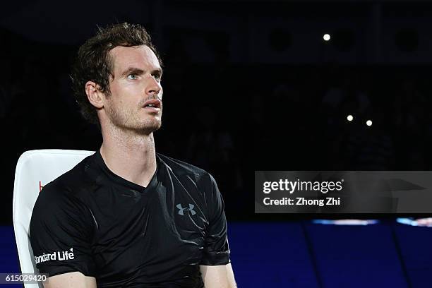 Andy Murray of Great Britain looks on before the award ceremony after winning the Men's singles final match against Roberto Bautista Agut of Spain on...