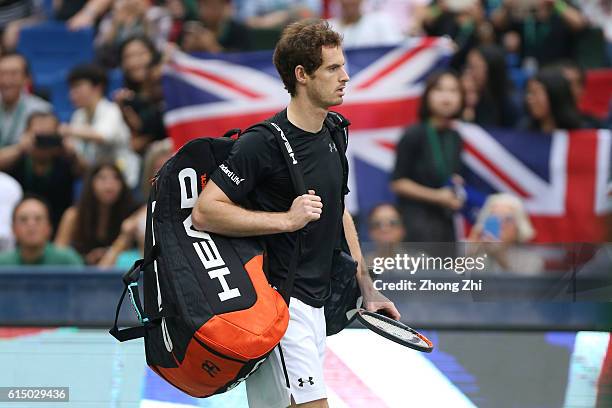 Andy Murray of Great Britain enters the court against Roberto Bautista Agut of Spain during the Men's singles final match on day 8 of Shanghai Rolex...