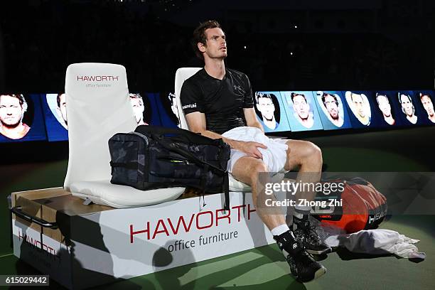 Andy Murray of Great Britain looks on before the award ceremony after winning the Men's singles final match against Roberto Bautista Agut of Spain on...