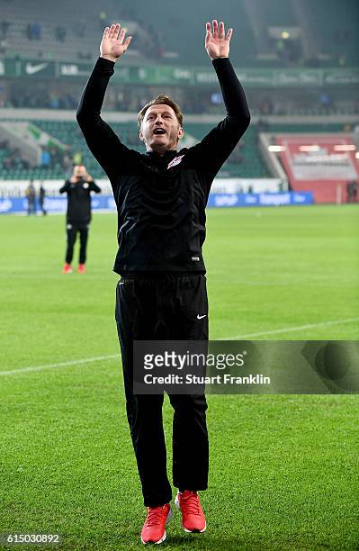 Ralph Hasenhuettl, head coach of Leipzig celebrates after the Bundesliga match between VfL Wolfsburg and RB Leipzig at Volkswagen Arena on October...