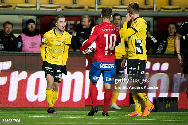 Adam Lundqvist of IF Elfsborg receives a red card from referee Bojan Pandzic during the Allsvenskan match between IF Elfsborg and Helsingborgs IF at...