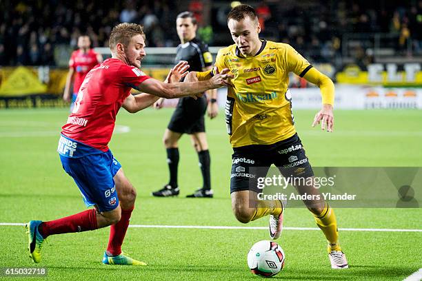 Johan Martensson of Helsingborgs IF and Viktor Prodell of IF Elfsborg fight for the ball during the Allsvenskan match between IF Elfsborg and...