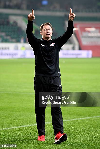 Ralph Hasenhuettl, head coach of Leipzig celebrates after the Bundesliga match between VfL Wolfsburg and RB Leipzig at Volkswagen Arena on October...