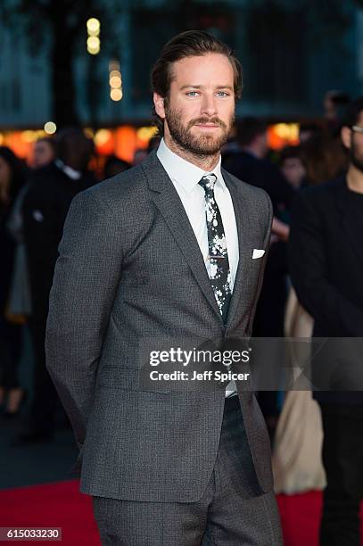 Armie Hammer attends the 'Free Fire' Closing Night Gala screening during the 60th BFI London Film Festival at Odeon Leicester Square on October 16,...