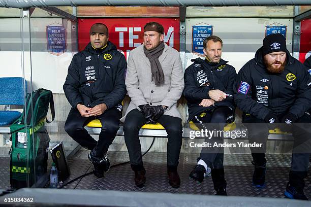 Janne Mian, assistant coach of IF Elfsborg and Magnus Haglund, head coach of IF Elfsborg looks on during the Allsvenskan match between IF Elfsborg...