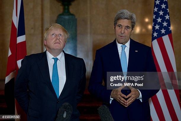 British Foreign Secretary Boris Johnson and US Secretary of State John Kerry give a joint press conference after a meeting on the situation in Syria...