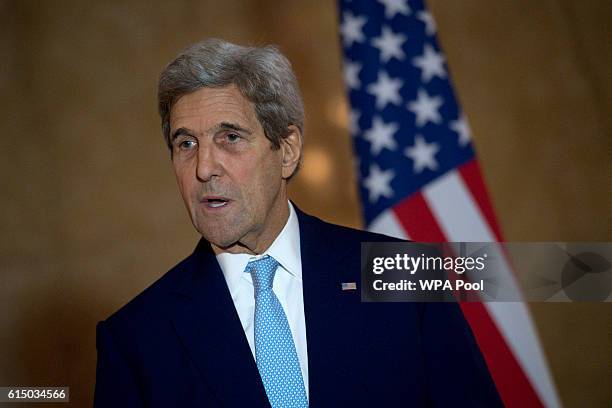 Secretary of State John Kerry speaks at a joint press conference after a meeting on the situation in Syria at Lancaster House on October 16, 2016 in...