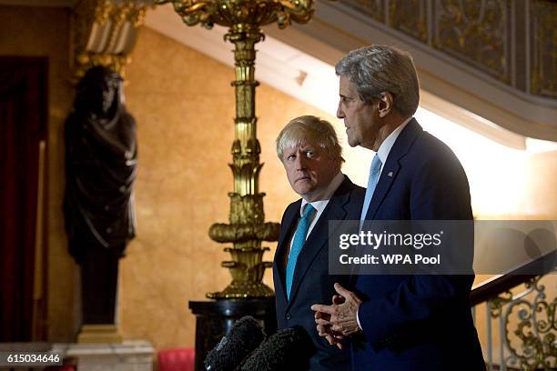 British Foreign Secretary Boris Johnson and US Secretary of State John Kerry give a joint press conference after a meeting on the situation in Syria...