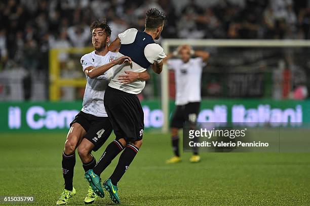 Simone Emmanuello of FC Pro Vercelli celebrates after scoring the goal of the victory with team mate Mattia Bani during the Serie B match between FC...