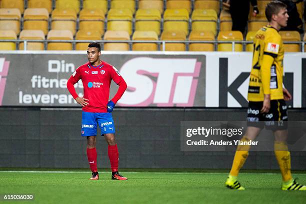 Tyrell Rusike of Helsingborgs IF is dejected after the Allsvenskan match between IF Elfsborg and Helsingborgs IF at Boras Arena on October 16, 2016...