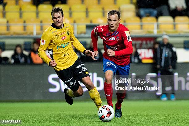 Henning Hauger of IF Elfsborg and Anton Wede of Helsingborgs IF competes for the ball during the Allsvenskan match between IF Elfsborg and...