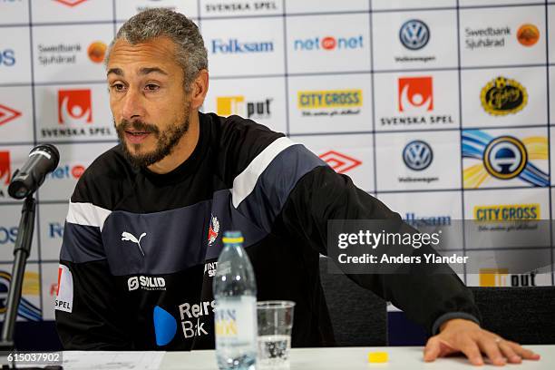 Henrik Larsson, head coach of Helsingborgs IF during the press conference after the Allsvenskan match between IF Elfsborg and Helsingborgs IF at...