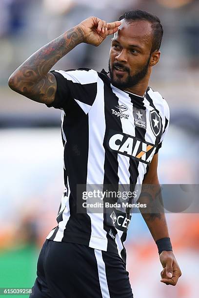 Bruno Silva of Botafogo celebrates a scored goal against Atletico Mineiro during a match between Botafogo and Atletico Mineiro as part of Brasileirao...