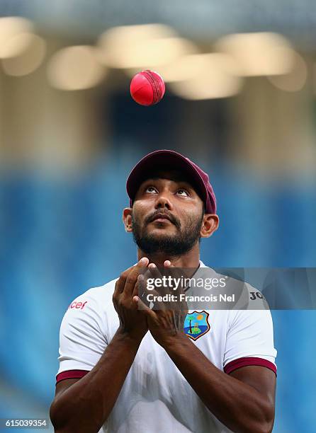 Devendra Bishoo of West Indies looks on after Day Four of the First Test between Pakistan and West Indies at Dubai International Cricket Ground on...