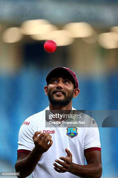 Devendra Bishoo of West Indies looks on after Day Four of the First Test between Pakistan and West Indies at Dubai International Cricket Ground on...