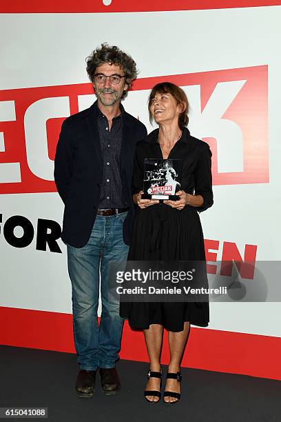 Silvio Soldini and Francesca Marciano pose with the award during Ciak For Women 2016 on October 16, 2016 in Rome, Italy.
