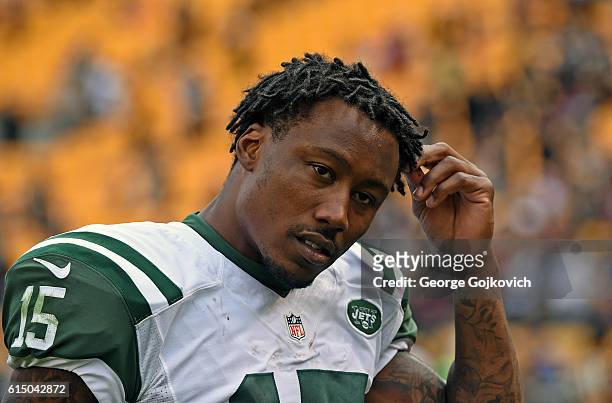 Wide receiver Brandon Marshall of the New York Jets looks on from the field after a game against the Pittsburgh Steelers at Heinz Field on October 9,...