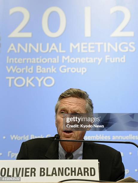 Japan - Olivier Blanchard, director of the Research Department at the International Monetary Fund, holds a press conference in Tokyo on Oct. 9, 2012...