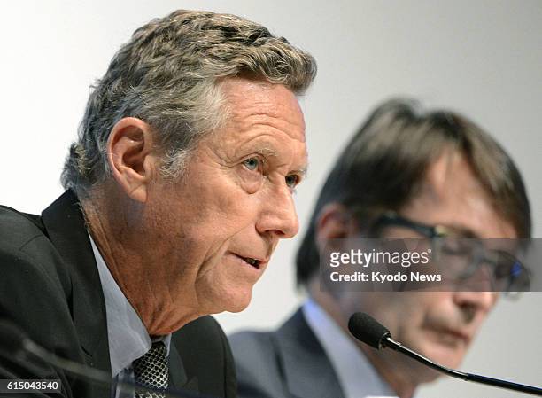 Japan - Olivier Blanchard , director of the Research Department at the International Monetary Fund, holds a press conference in Tokyo on Oct. 9, 2012...