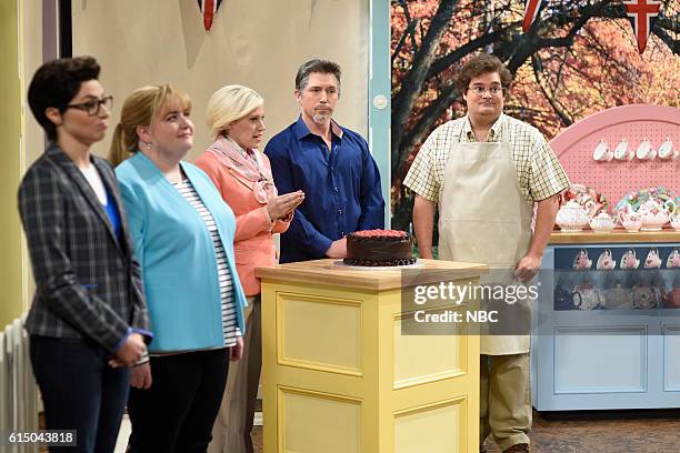 Emily Blunt" Episode 1707 -- Pictured: Melissa Villaseñor, Aidy Bryant, Kate McKinnon as Mary Barry, Beck Bennett as Paul Hollywood, and Bobby...