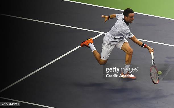 Roberto Bautista Agut of Spain in action against Andy Murray of Great Britain during men's singles final match on day eight of Shanghai Rolex Masters...