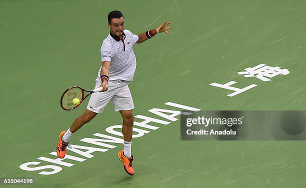 Roberto Bautista Agut of Spain in action against Andy Murray of Great Britain during men's singles final match on day eight of Shanghai Rolex Masters...