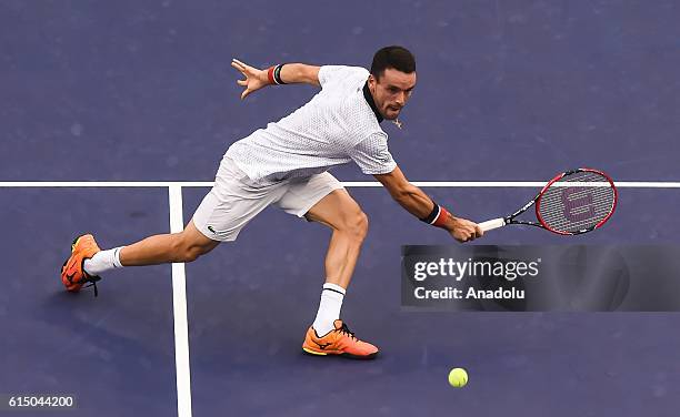 Roberto Bautista Agut of Spain in action against Andy Murray of Great Britain during men's singles final match on day eight of Shanghai Rolex Masters...