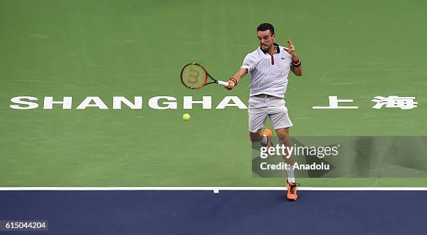 Roberto Bautista Agut of Spain in action against Andy Murray of Great Britain during men's singles final match on day eight of Shanghai Rolex Masters...