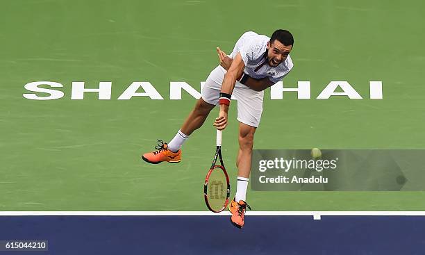 Roberto Bautista Agut of Spain in action against Andy Murray of Great Britain during men's singles final match on day eight of Shanghai Rolex Masters...