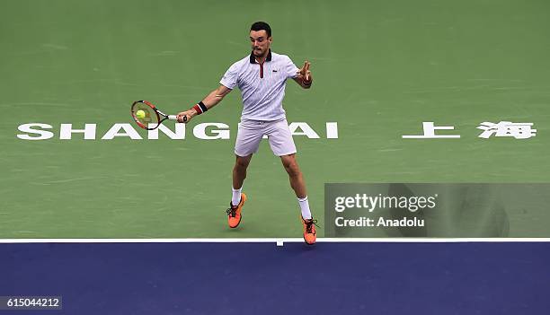 Roberto Bautista Agut of Spain in action against Andy Murray of Great Britain during men's singles final match on day eight of Shanghai Rolex Masters...