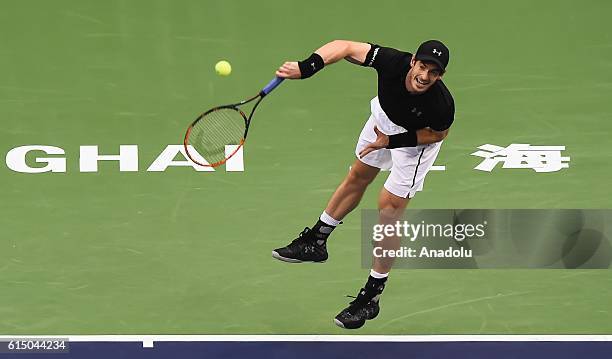 Andy Murray of Great Britain in action against Roberto Bautista Agut of Spain during men's singles final match on day eight of Shanghai Rolex Masters...