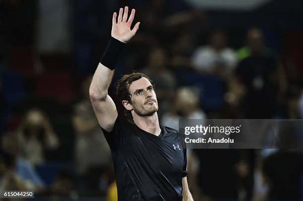 Andy Murray of Great Britain celebrates winning over Roberto Bautista Agut of Spain during men's singles final match on day eight of Shanghai Rolex...