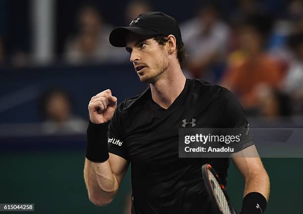 Andy Murray of Great Britain reacts against Roberto Bautista Agut of Spain during men's singles final match on day eight of Shanghai Rolex Masters at...