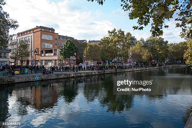 Quai de Jemmapes, with cheerful spirit, the demonstration moves around the streets of Paris, in Paris, France, on October 15, 2016. Thousands of...