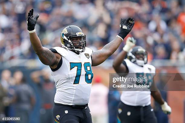 Jermey Parnell of the Jacksonville Jaguars reacts after a 51-yard touchdown reception by Arrelious Benn against the Chicago Bears in the fourth...