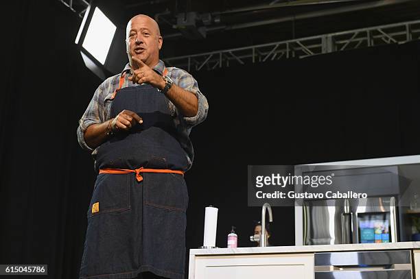 Chef Andrew Zimmern on stage during the Grand Tasting presented by ShopRite featuring Samsung culinary demonstrations presented by MasterCard at the...