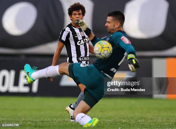 Camilo of Botafogo struggles for the ball with goalkeeper Victor of Atletico Mineiro during a match between Botafogo and Atletico Mineiro as part of...