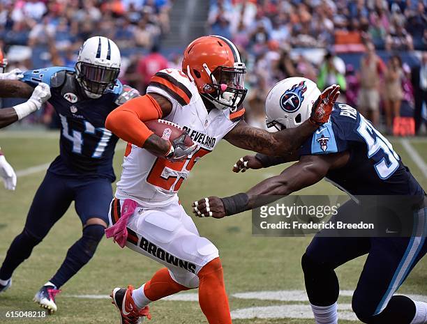 George Atkinson III of the Cleveland Browns carries the ball against the Tennessee Titans during the first half at Nissan Stadium on October 16, 2016...