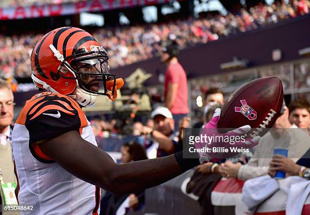 Brandon LaFell of the Cincinnati Bengals gives the ball to a fan after scoring a touchdown during the third quarter of a game against the New England...